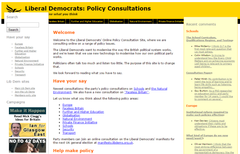 Lib Dem policy consultation website - homepage screenshot