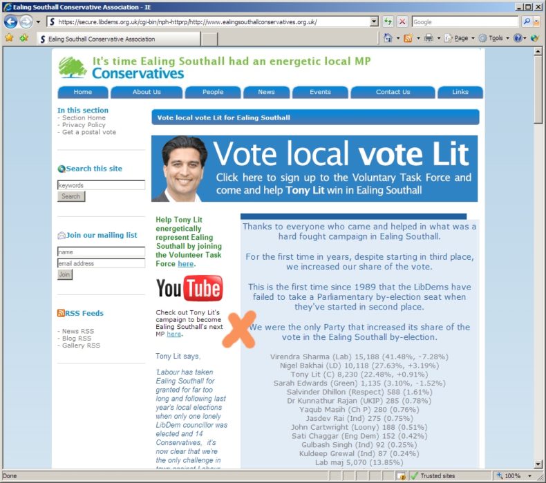 Ealing Conservatives Website On Result Of Ealing Southall Byelection