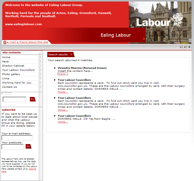 Ealing Labour Website Search Results 2007