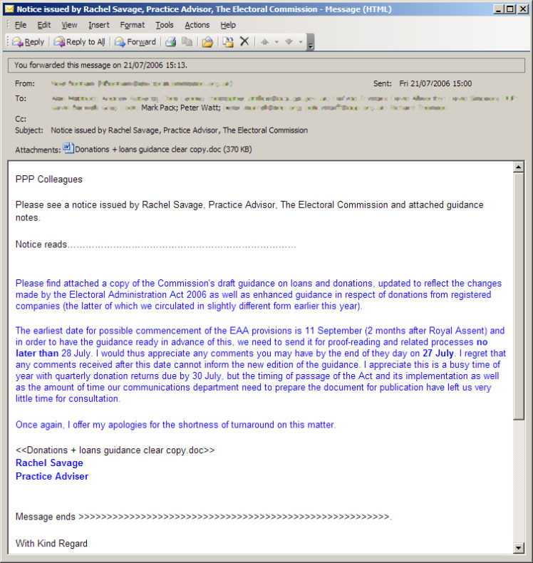 Electoral Commission Email To Peter Watt