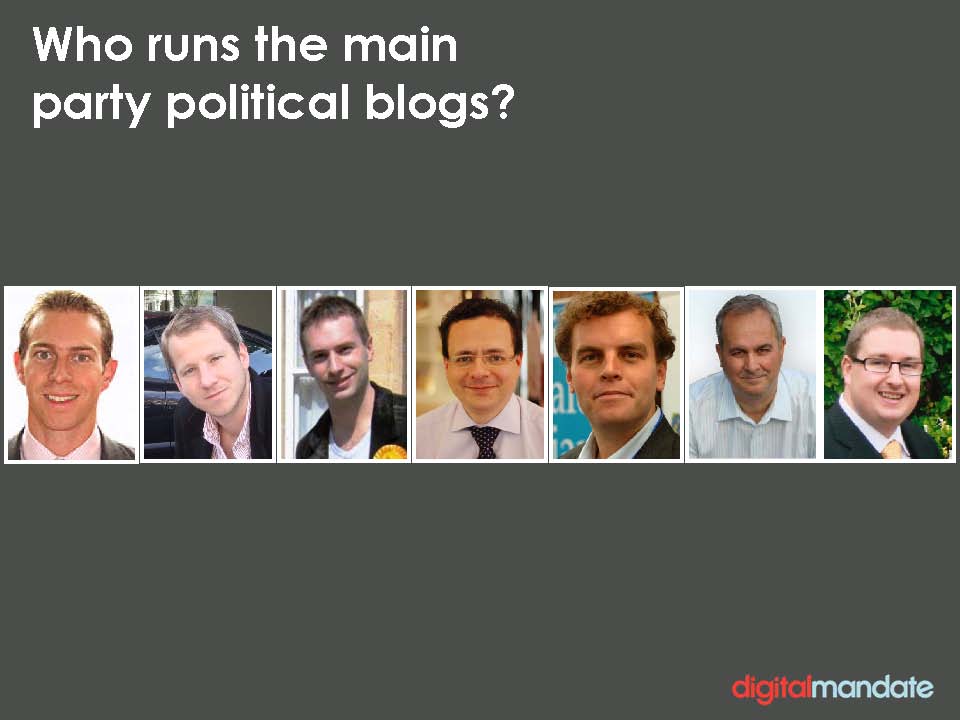 Political bloggers in the UK: Will Straw, Alex Smith, Stephen Tall, Mark Pack, Tim Montgomerie, Iain Dale and Jonathan Isaby