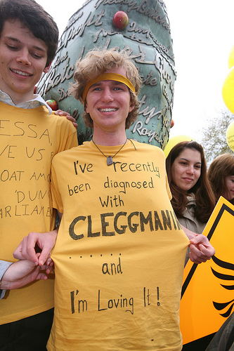 Jimmy Dowsett (18) of Glastonbury, Somerset, wearing a T-shirt saying 'I've recently been diagnosed with Cleggmania and I'm loving it' during a visit to Clarkes Village, Wells, Somerset by Lib Dem Leader Nick Clegg 1 May 2010. Credit Alex Folkes