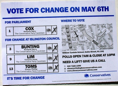 Conservative Polling Card Leaflet In Islington Front