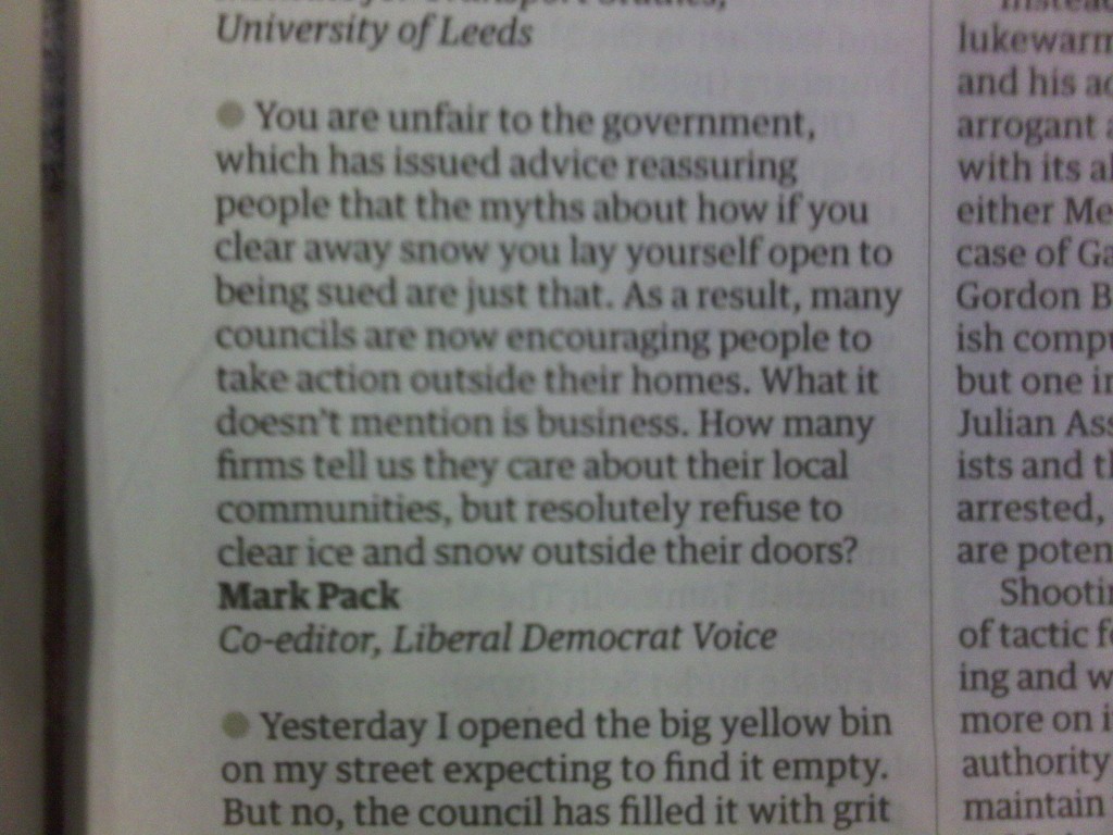 Mark Pack letter in The Guardian