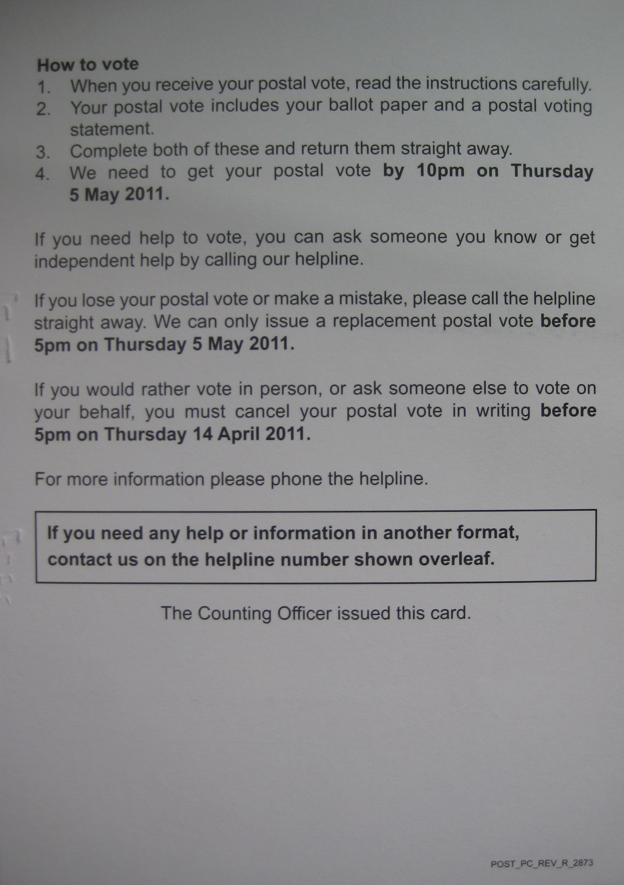 Islington Council poll card - back