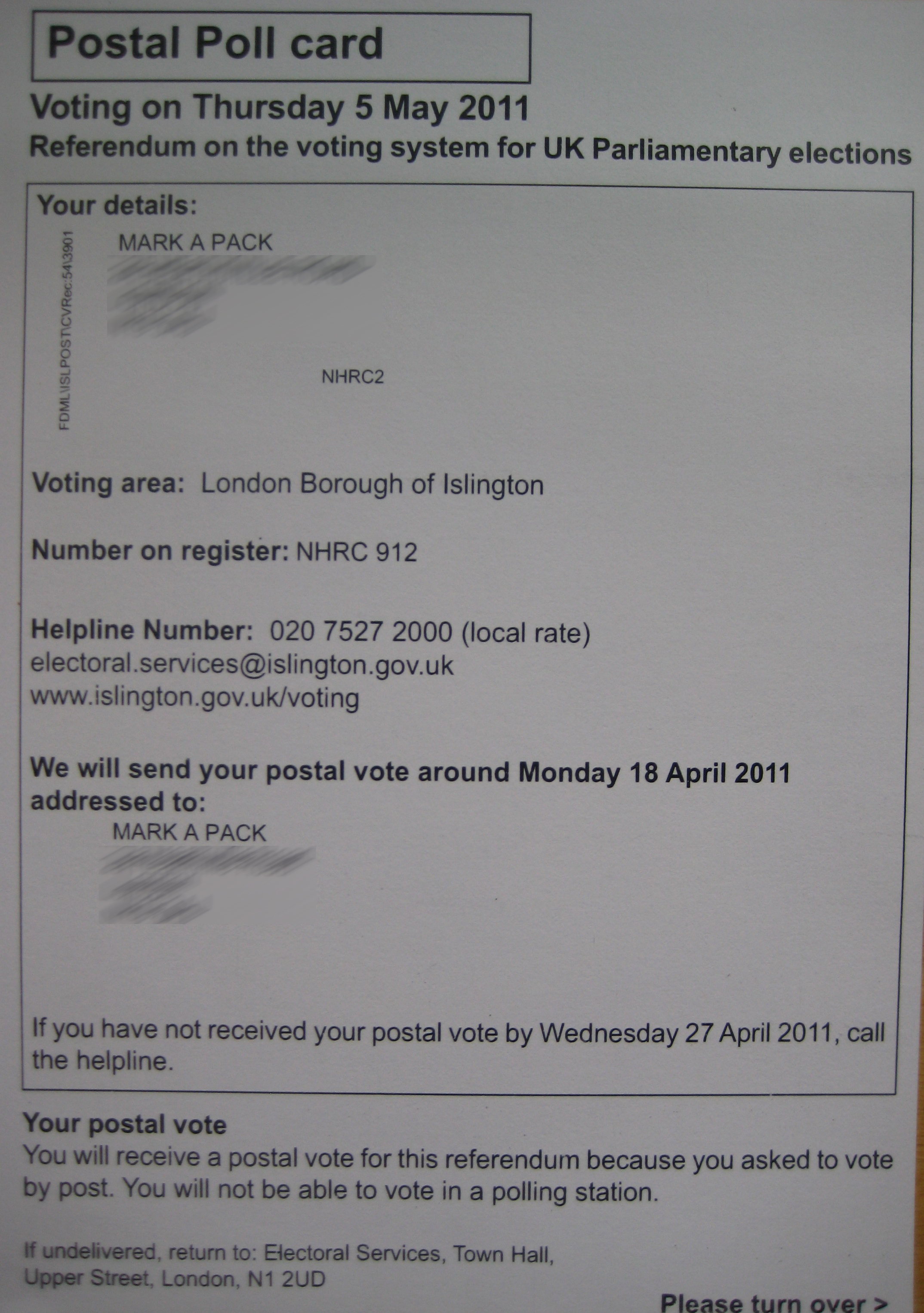 Islington Council poll card - front