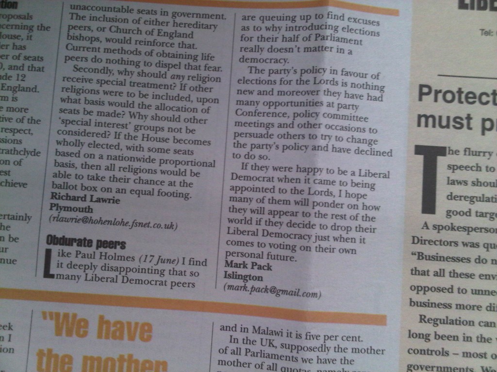 Mark Pack's letter in Lib Dem News on Lords reform