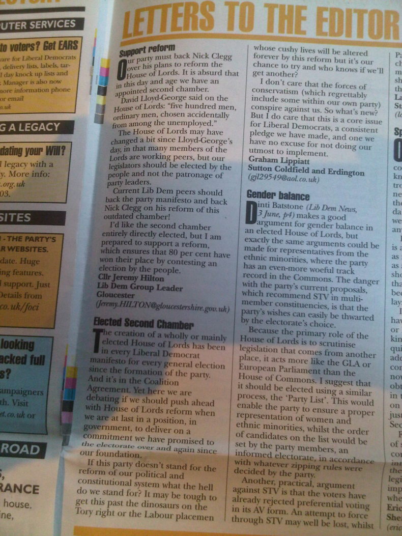 Letters supporting Lords reform in Liberal Democrat News