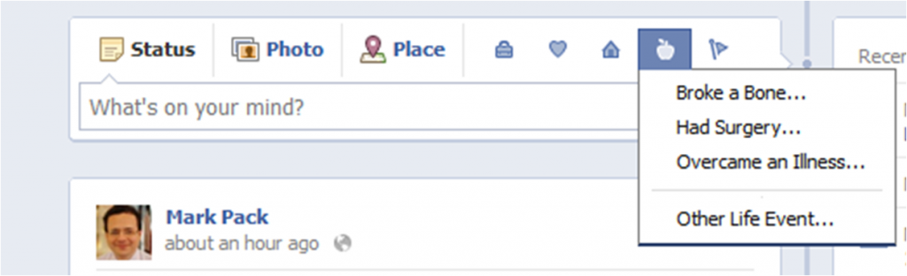 Facebook status options screenshot