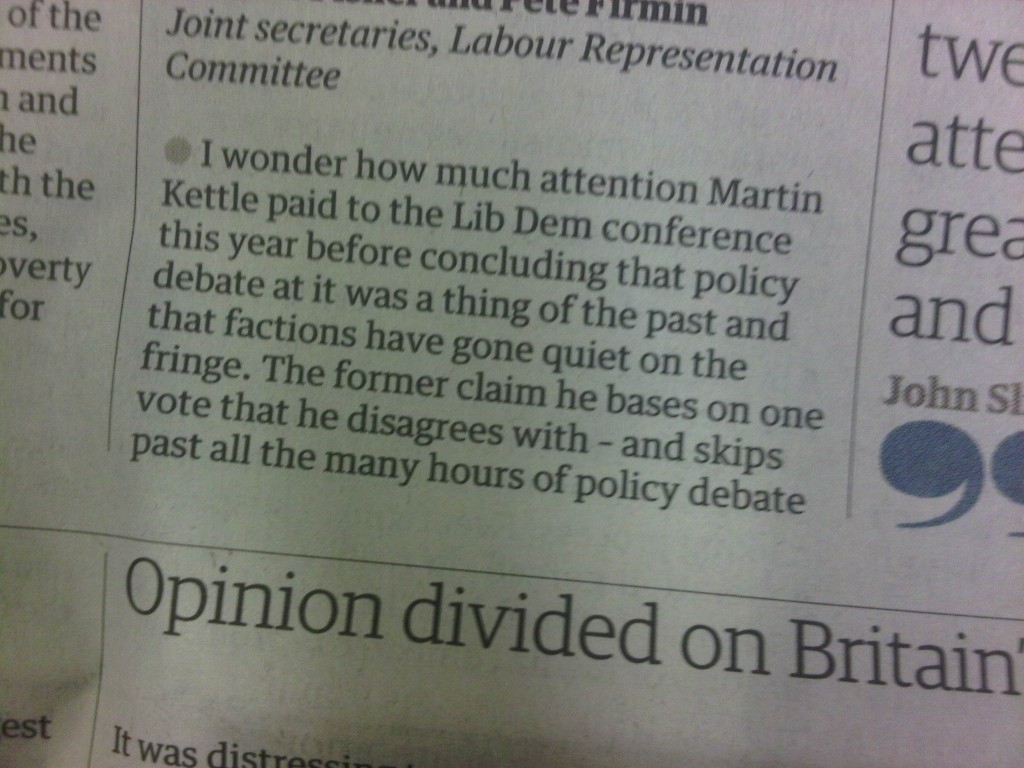 Mark Pack - letter in The Guardian about Lib Dem conference