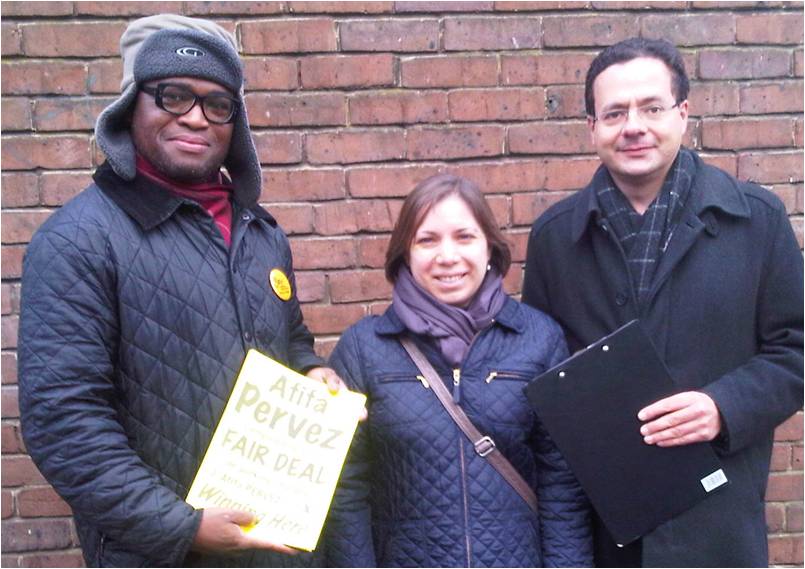 James Allie, Sarah Teather and Mark Pack campaigning in Brent for Afifa Pervez