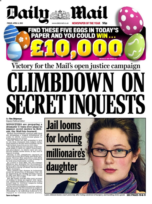 Climbdown On Secret Inquests Daily Mail Front Page