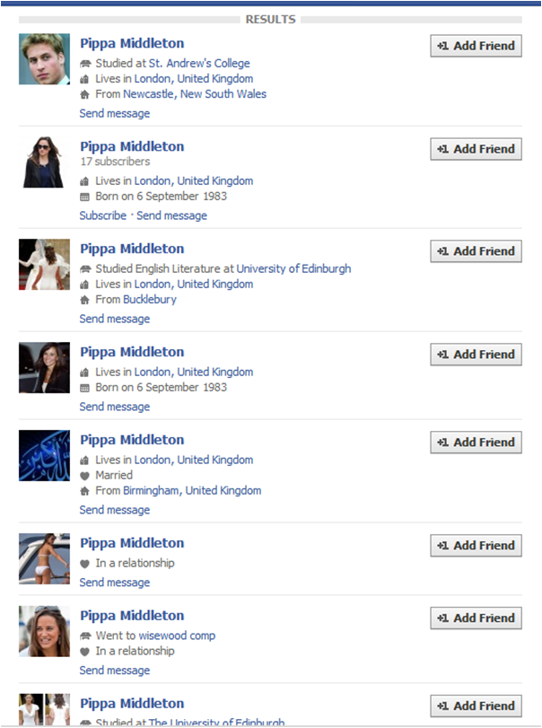 Screenshot of fake Pippa Middleton accounts on Facebook