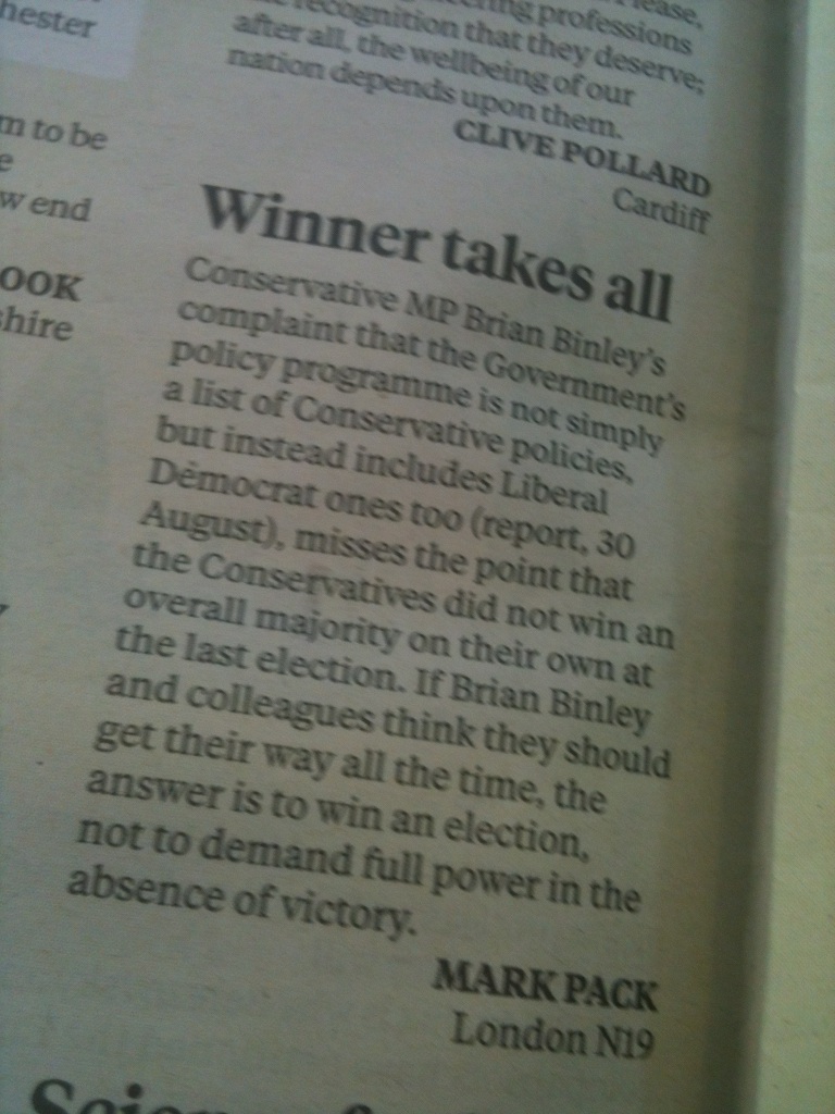 Mark Pack's letter in The Independent