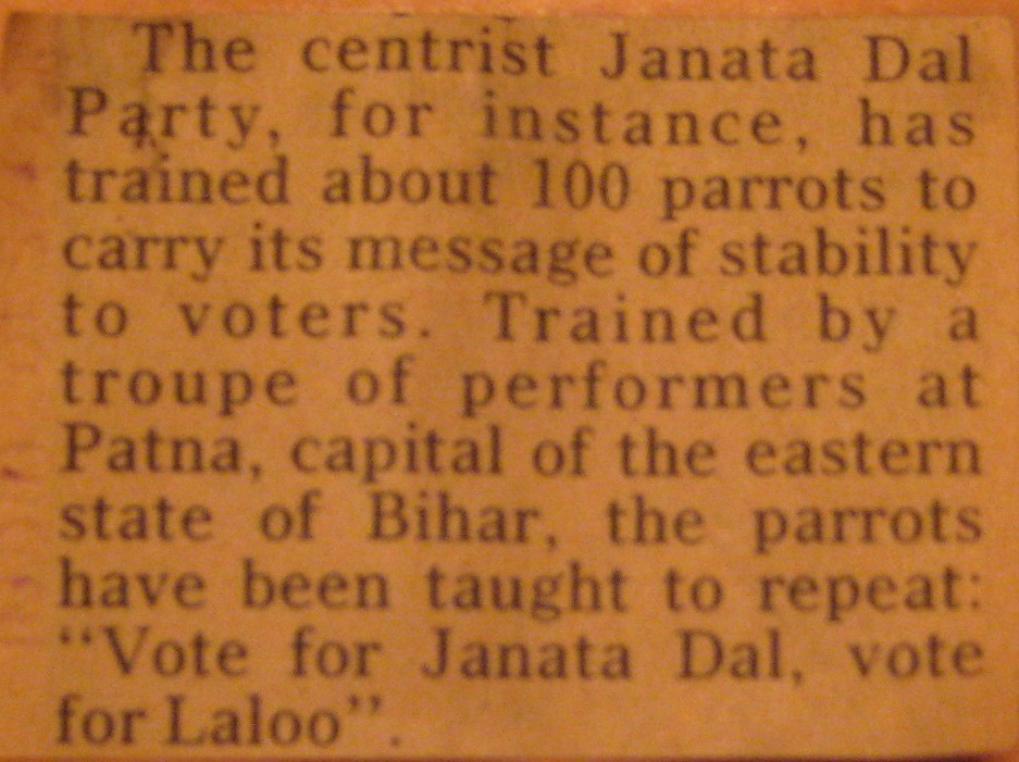 The Time story about Janata Dal Party using parrots to campaign