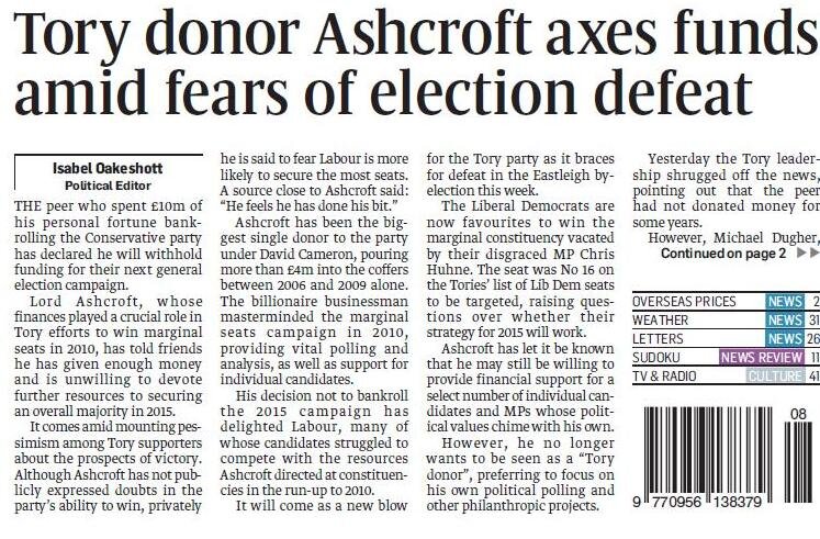Ashcroft will not fund Tories - Sunday Times