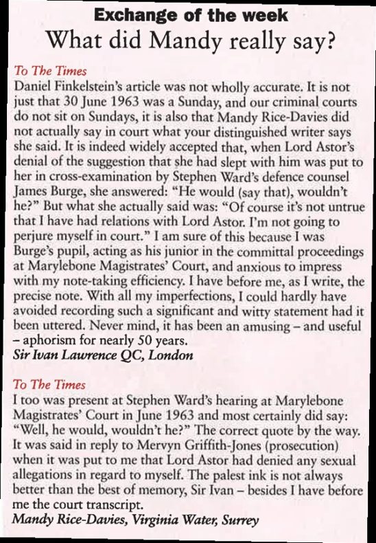 Mandy Rice-Davies letter in the The Times on her famous misquote