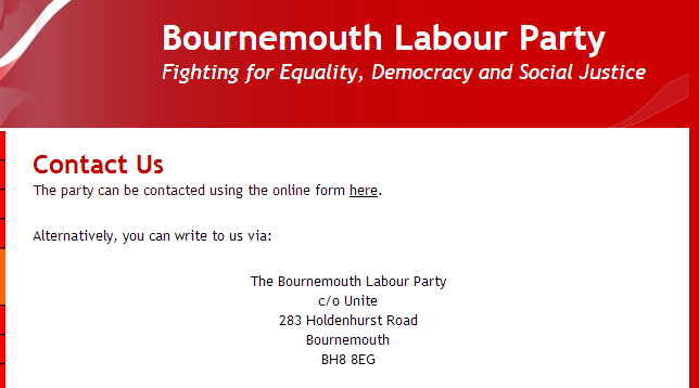 Bournemouth Labour Party - Contact Us page on party website