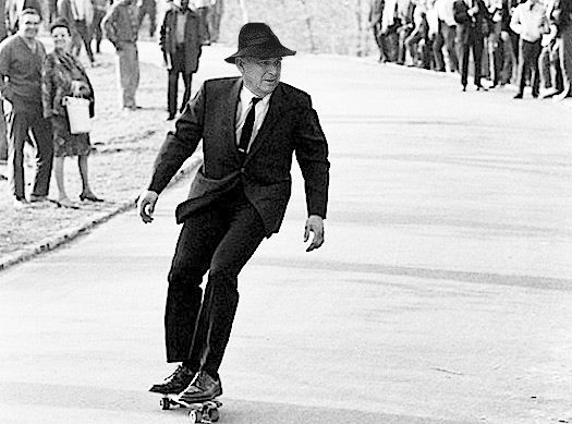 Vince Cable on a skateboard