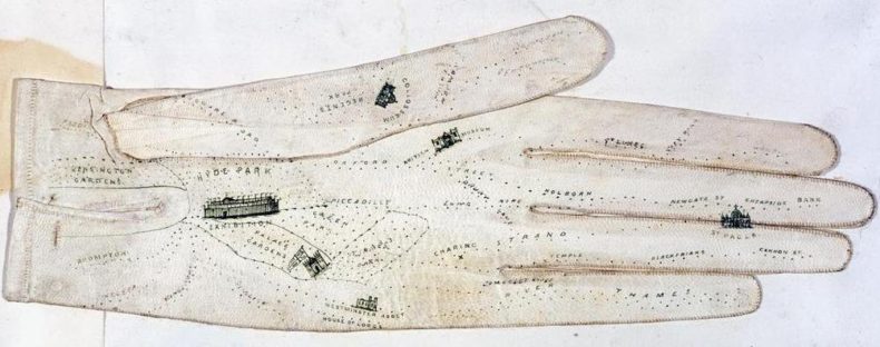 Leather glove with hand painted map of London for the Great Exhibition of 1851