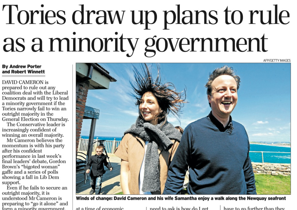 Daily Telegraph front page saying David Cameron will go for a minority government