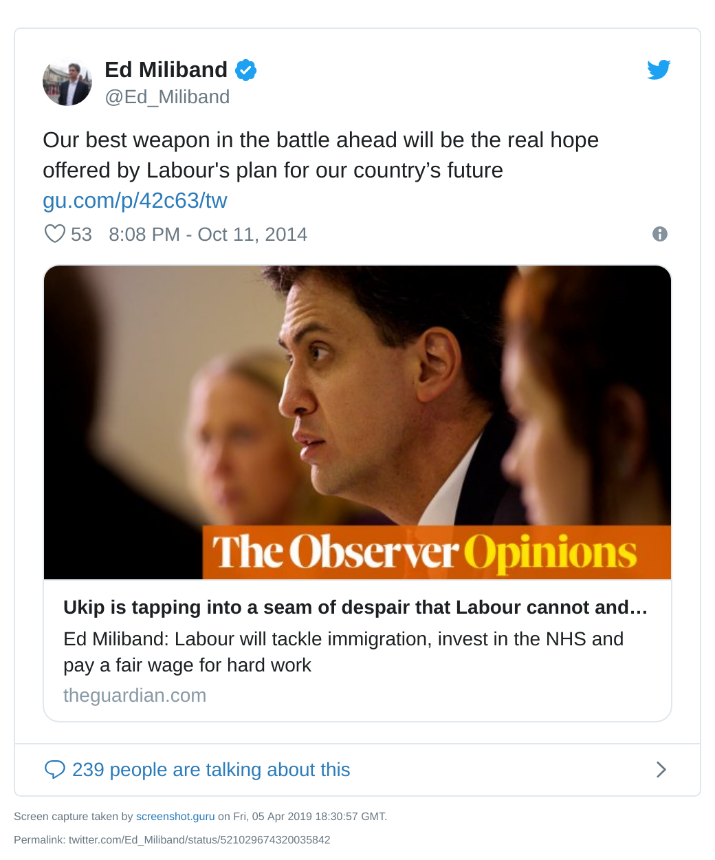 Screenshot of Ed Miliband tweet