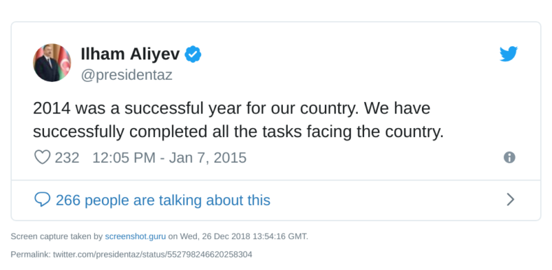 Ilham Aliyev tweet - We have successfully completed all the tasks facing the country 