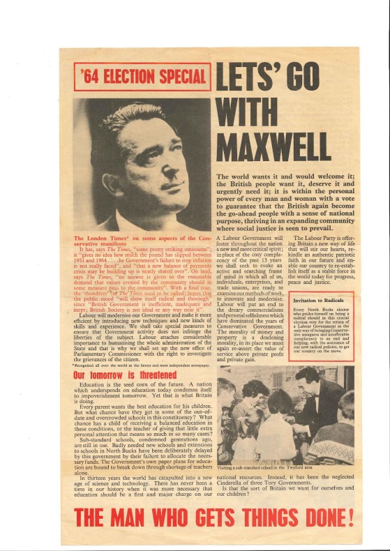 Robert Maxwell 1964 Labour election leaflet - Buckingham - p1