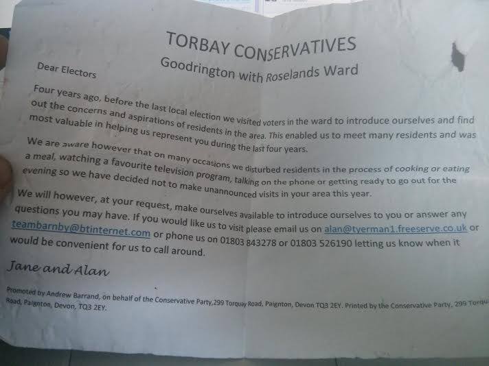 Why we're not canvassing anyone - Torbay Conservatives leaflet