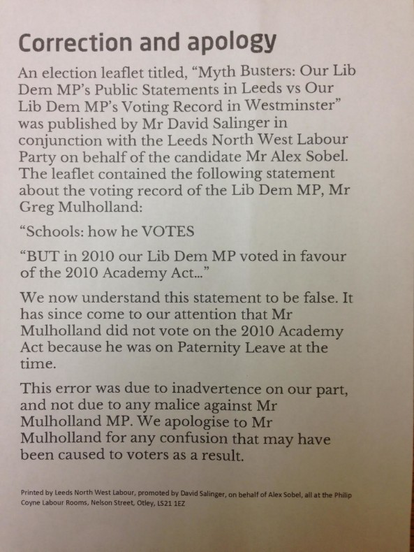 Leeds North West Labour apology leaflet
