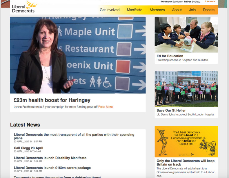 Lib Dem website front page with Lynne Featherstone story