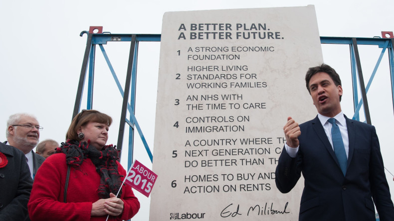 Labour leader Ed Miliband unveils Labour's pledges carved into a stone plinth in Hastings during General Election campaigning. Photo credit: Stefan Rousseau/PA Wire