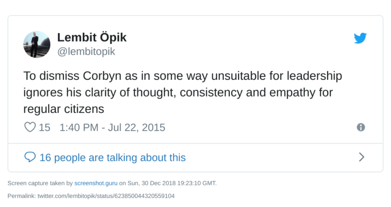 Lembit Opik tweet praising Jeremy Corbyn