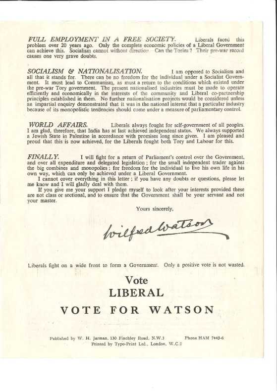 1950 Liberal Party leaflet - Hampstead - Wilfred Watson p4