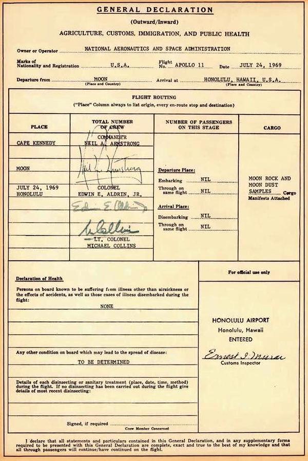 Lunar customs form from Buzz Aldrin