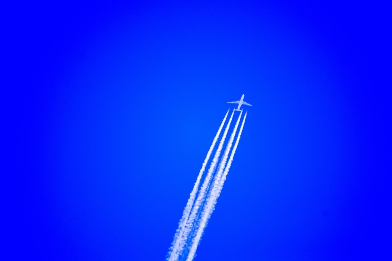 Airplane flying across a clear blue sky
