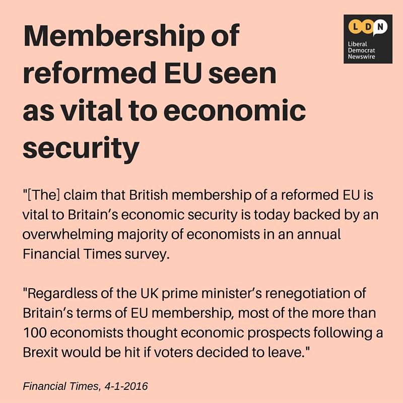 Membership of reformed EU seen as vital to economic security: The claim that British membership of a reformed EU is vital to Britain’s economic security is backed by an overwhelming majority of economists in a Financial Times survey.