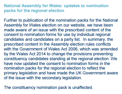Electoral Commission Bulleting on Welsh nomination papers