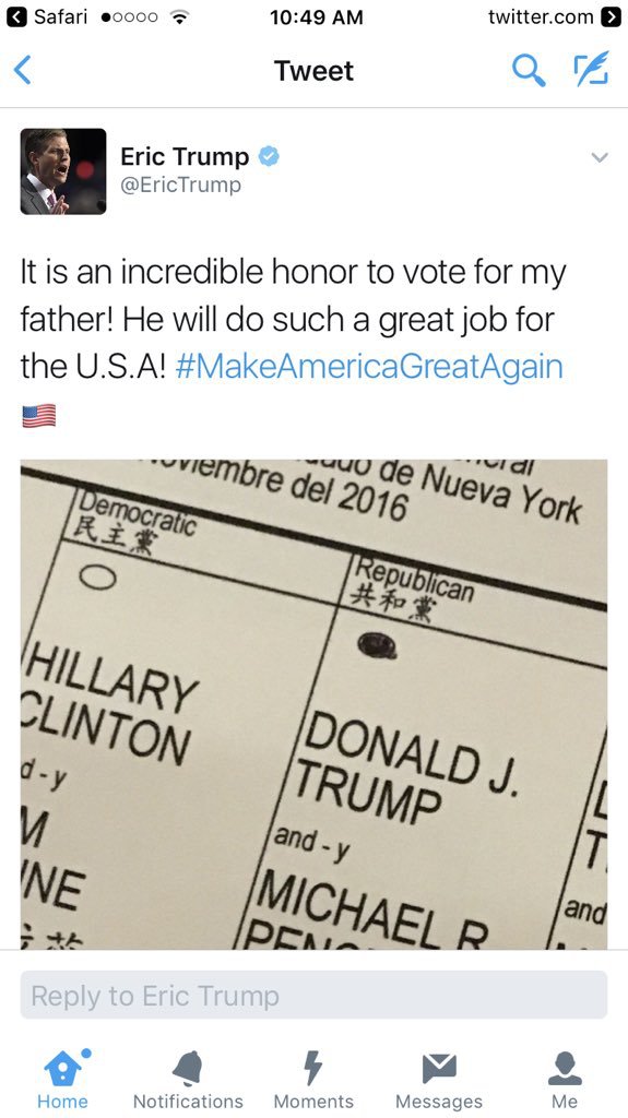 Eric Trump Dodgy Election Tweet