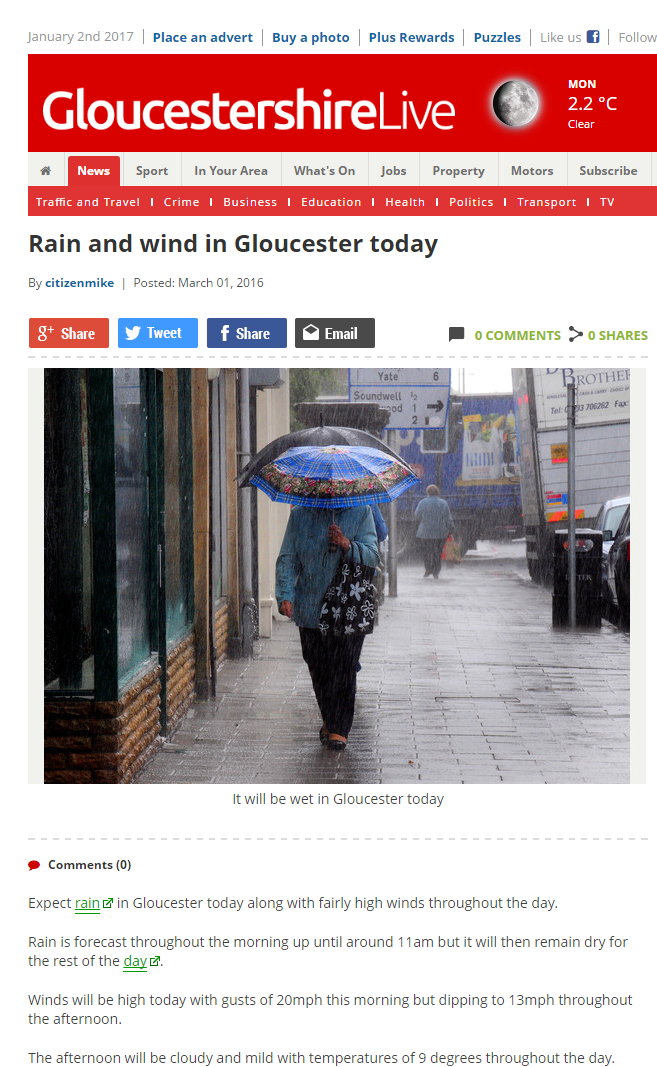 Headline: Rain and wind in Gloucester today