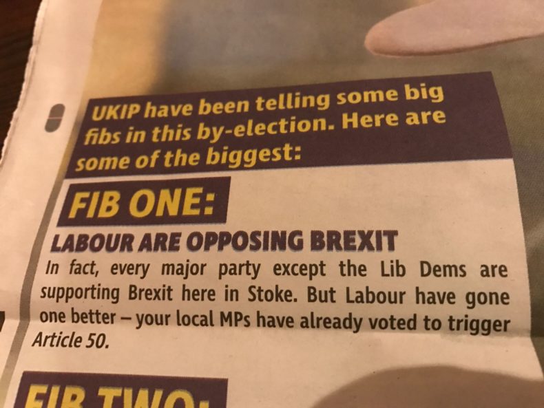 Labour Stoke-on-Trent Central by-election leaflet on Brexit - close-up