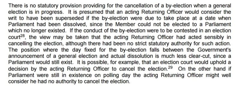 House of Commons Library note on cancelling by-elections