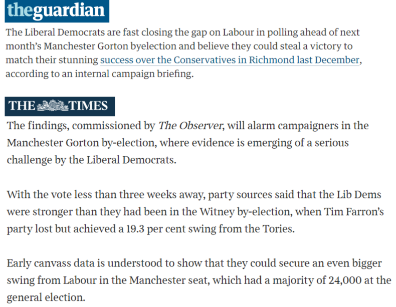 Extracts from The Guardian and The Times on Lib Dem campaign in Gorton by-election