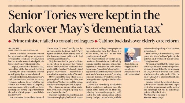 Senior Tories kept in dark over dementia tax - Financial Times