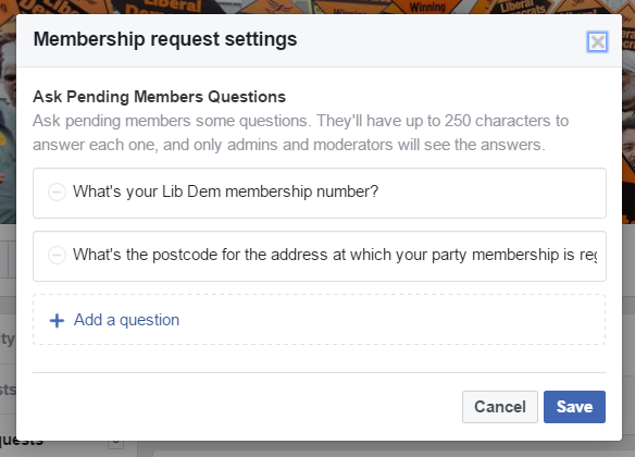 Ask Pending Members Questions configuration screen from Facebook