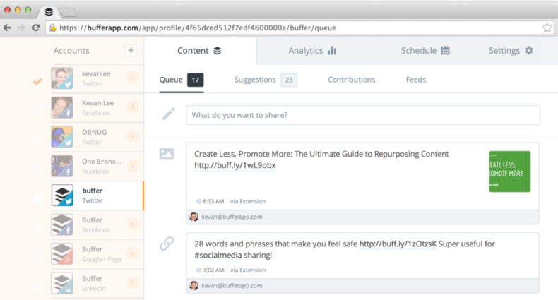 Buffer screenshot showing how easy it is to share across multiple social media channels