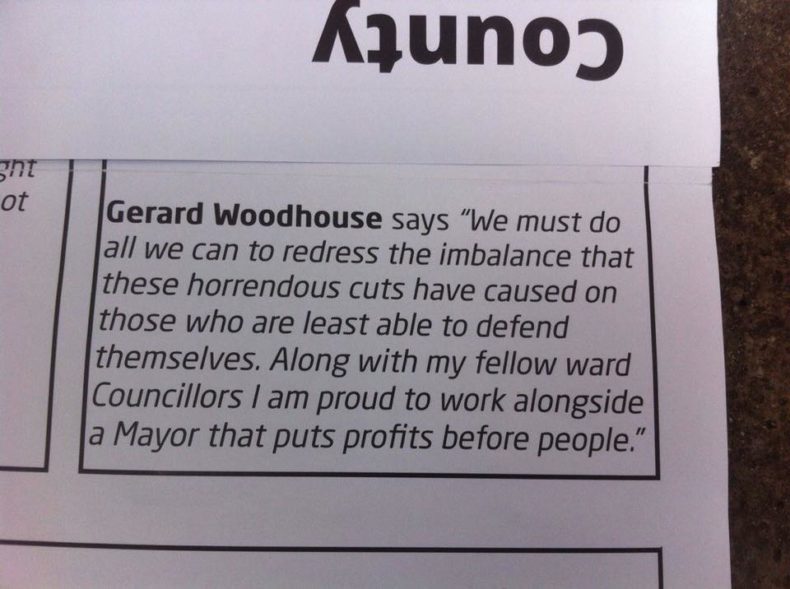 Labour leaflet quoting Gerard Woodhouse