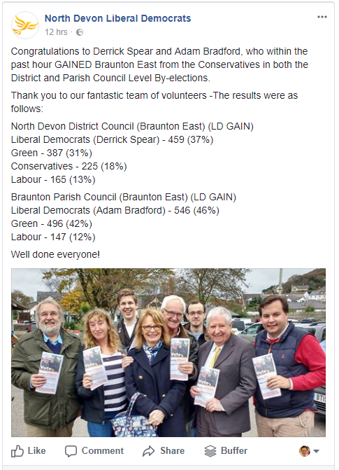 North Devon Lib Dems Facebook post on byelection wins