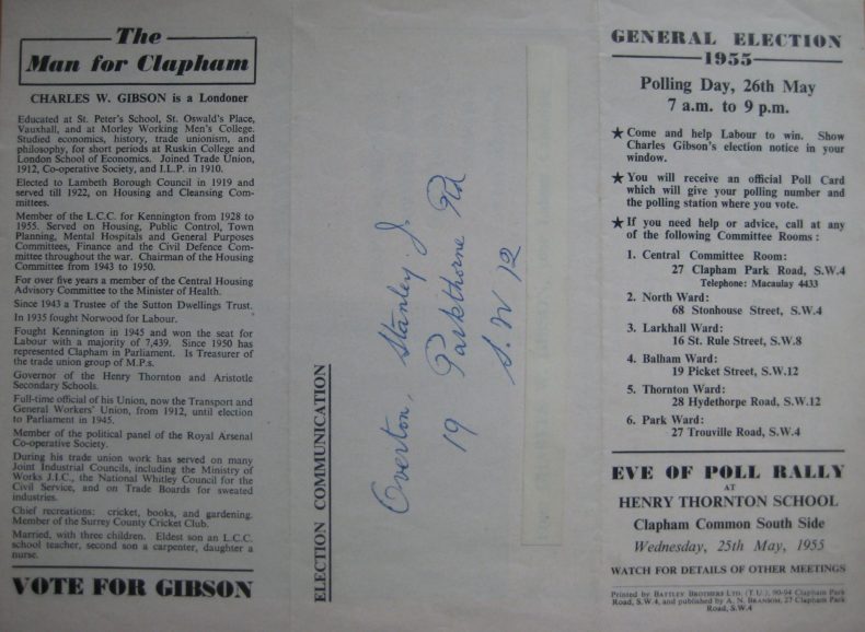 Labour election leaflet, Clapham, 1955 (back)