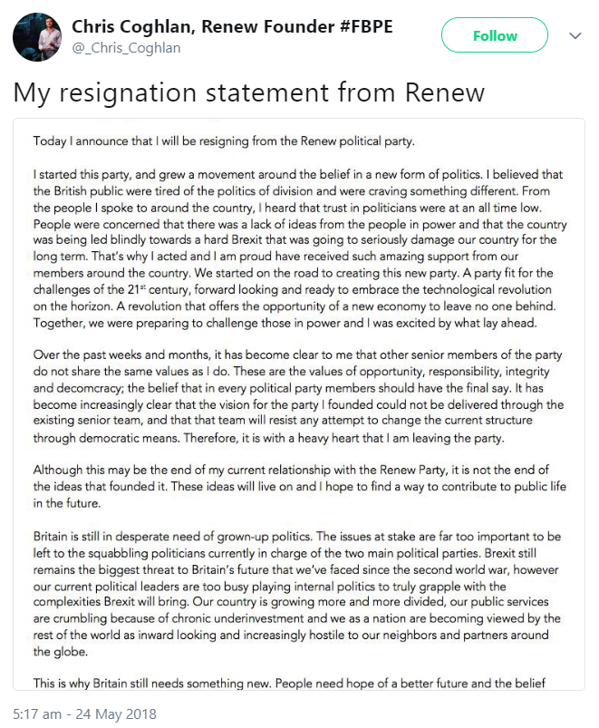 Chris Coglan resignation statement